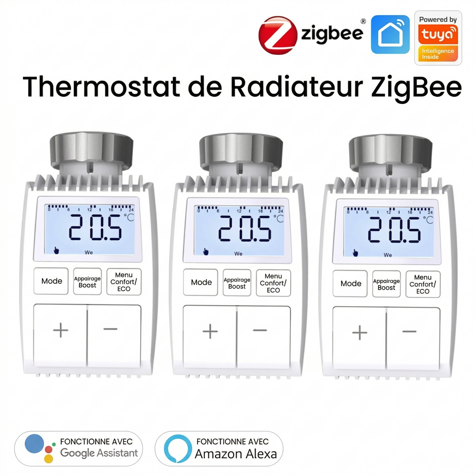 Pack de trois vannes thermostatiques compactes NéoMini Comfort 1 avec écran LED et boutons de réglage.