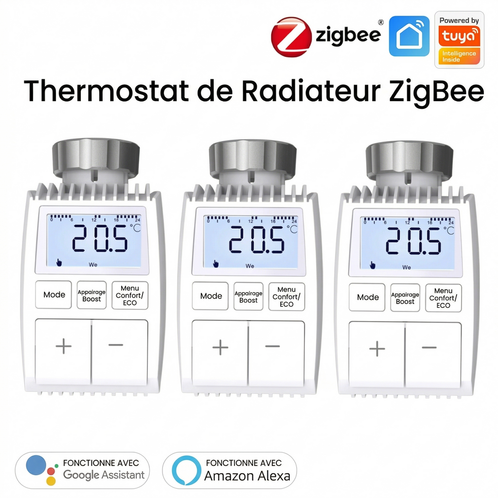 Pack de trois vannes thermostatiques compactes NéoMini Comfort 2 avec écran LED et boutons de réglage.