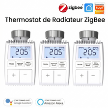Pack de trois vannes thermostatiques compactes NéoMini Comfort 2 avec écran LED et boutons de réglage.