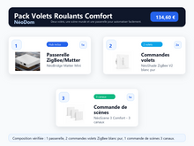 Composition du Pack Volets Roulants Comfort NéoDom : passerelle, deux commandes volets et commande de scènes