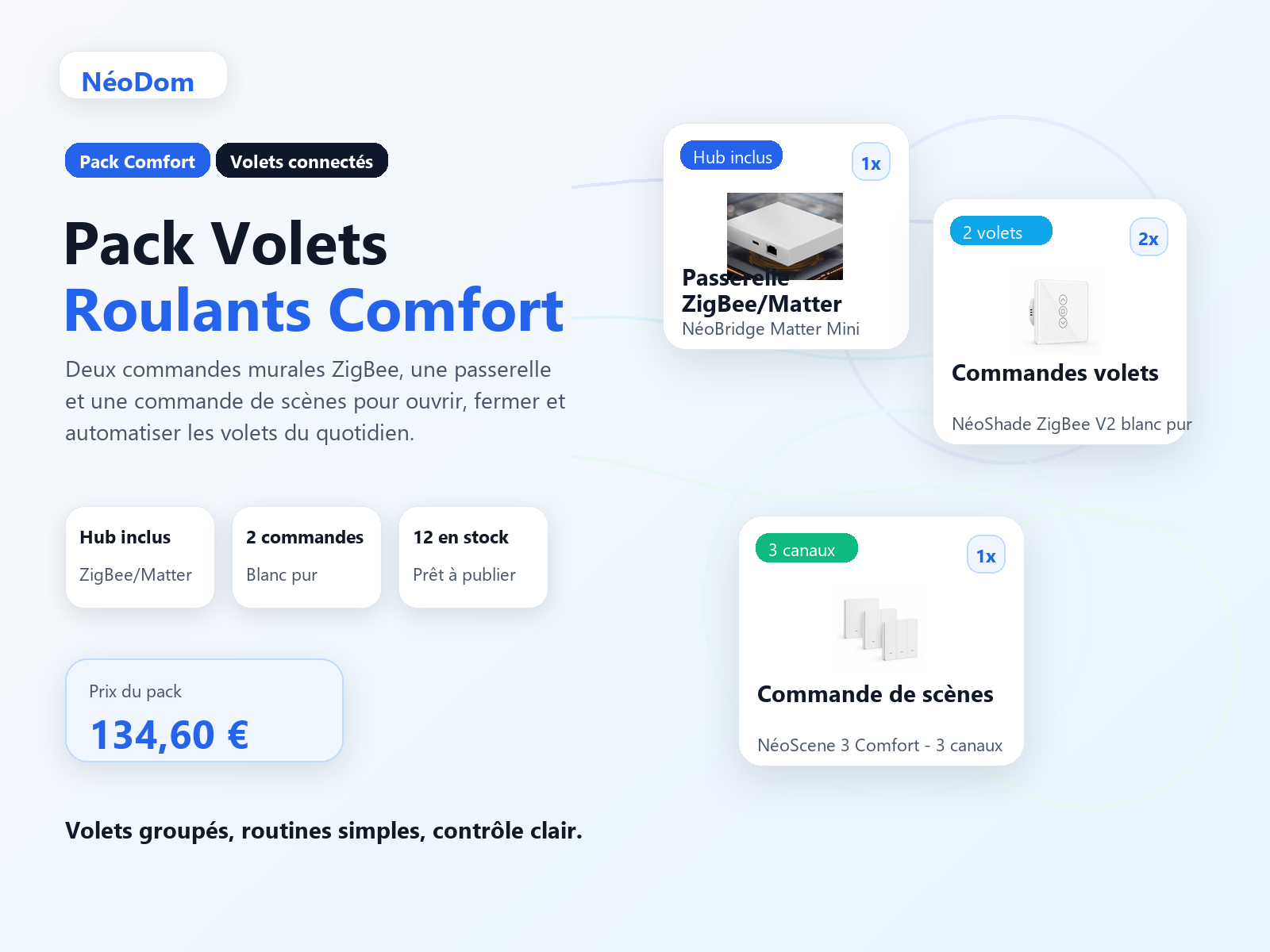 Pack Volets Roulants Comfort NéoDom avec passerelle, commandes de volets et commande de scènes