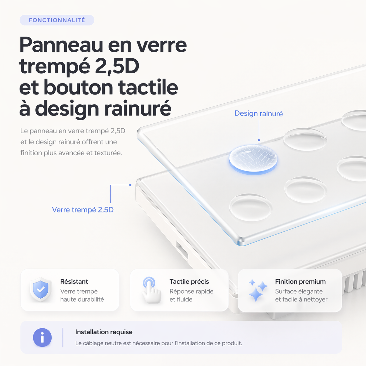 Panneau en verre trempé 2.5D avec boutons tactiles rainurés.