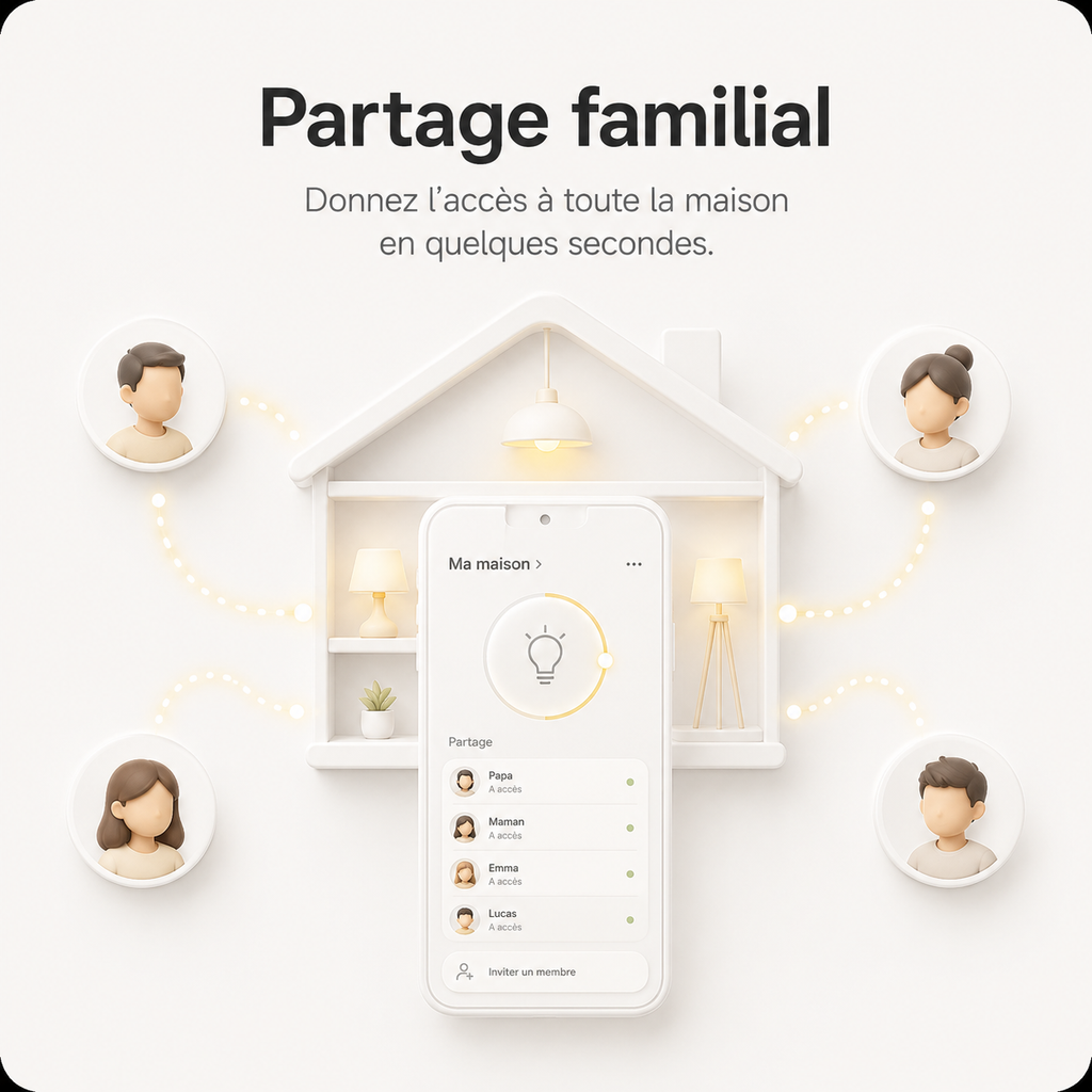 Partage familial du contrôle de l’éclairage connecté dans la maison.