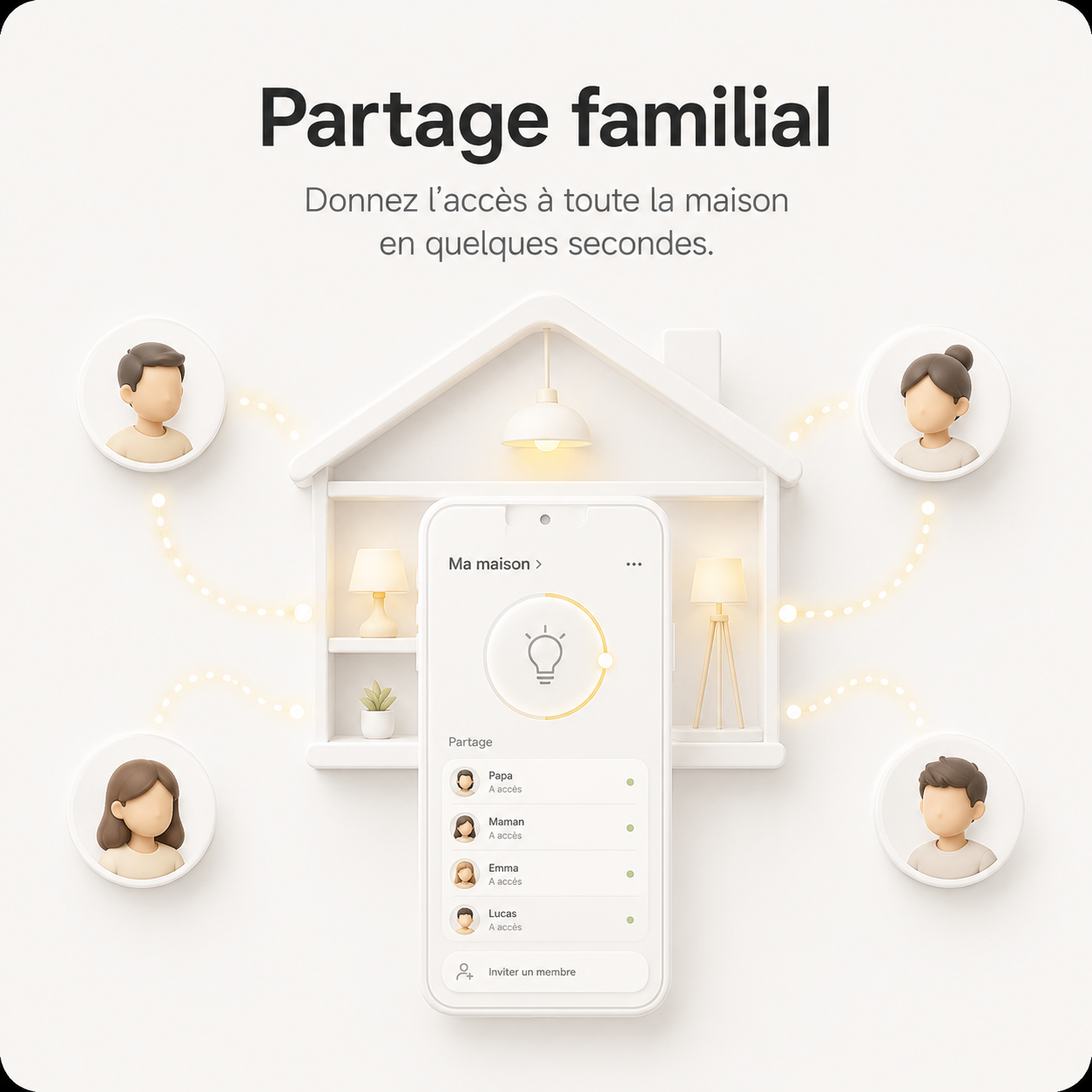 Illustration NéoMulti Dimmer montrant le partage familial du contrôle d'éclairage depuis un smartphone.