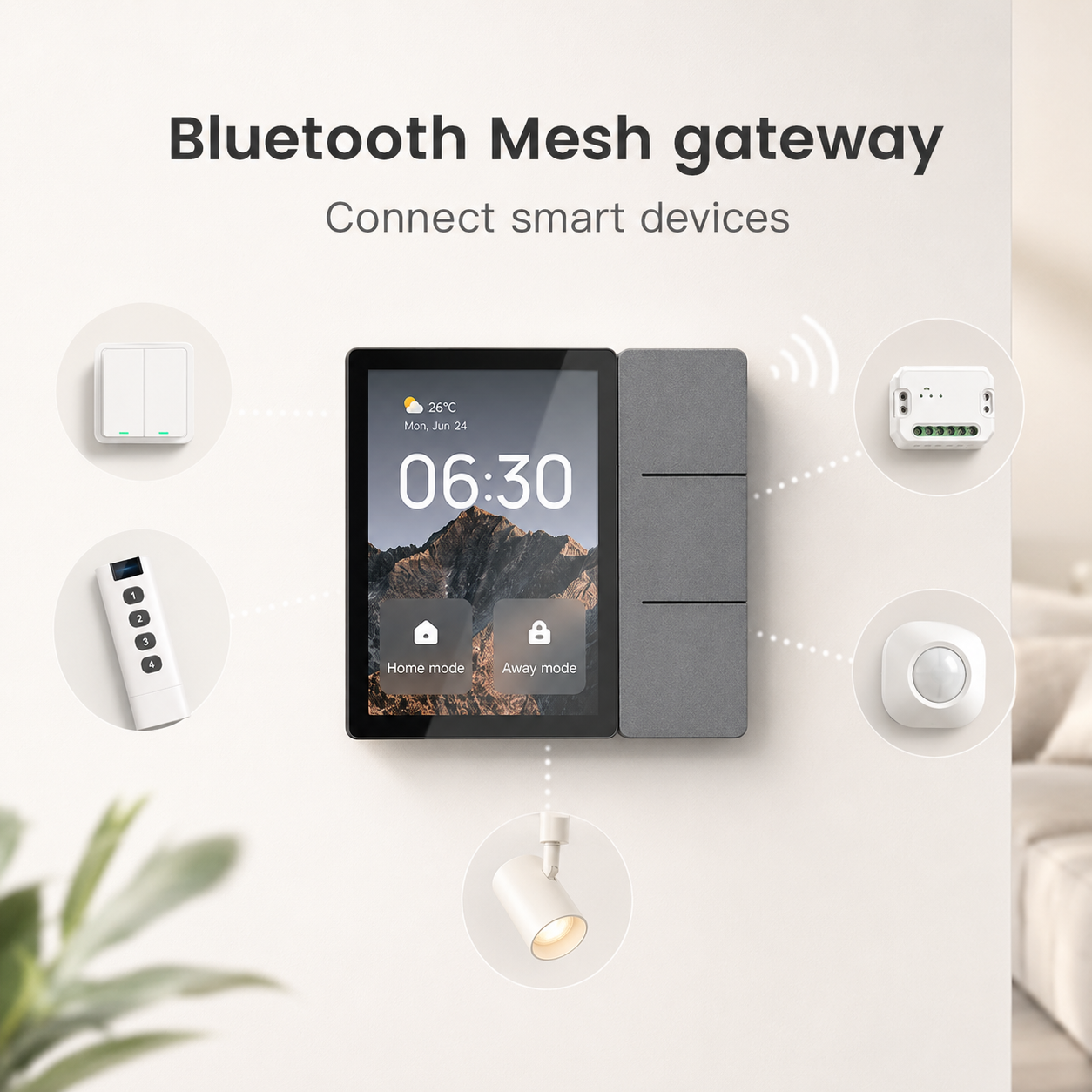 Panneau mural connecté avec passerelle Bluetooth Mesh intégrée.
