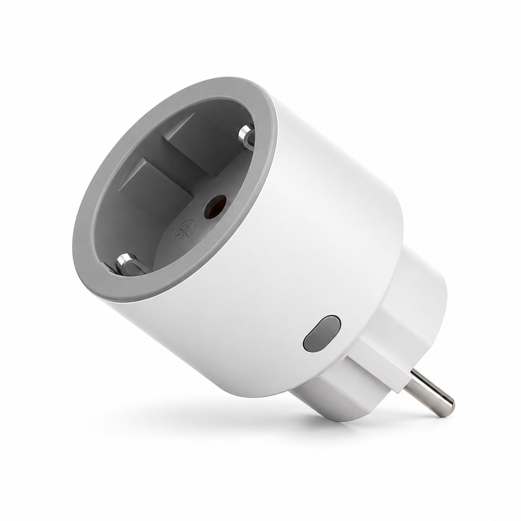 Prise connectée Zigbee Type F blanche avec suivi de consommation électrique, design compact pour maison intelligente, isolée sur fond blanc.