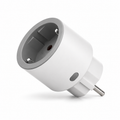 Prise connectée Zigbee Type F blanche avec suivi de consommation électrique, design compact pour maison intelligente, isolée sur fond blanc.
