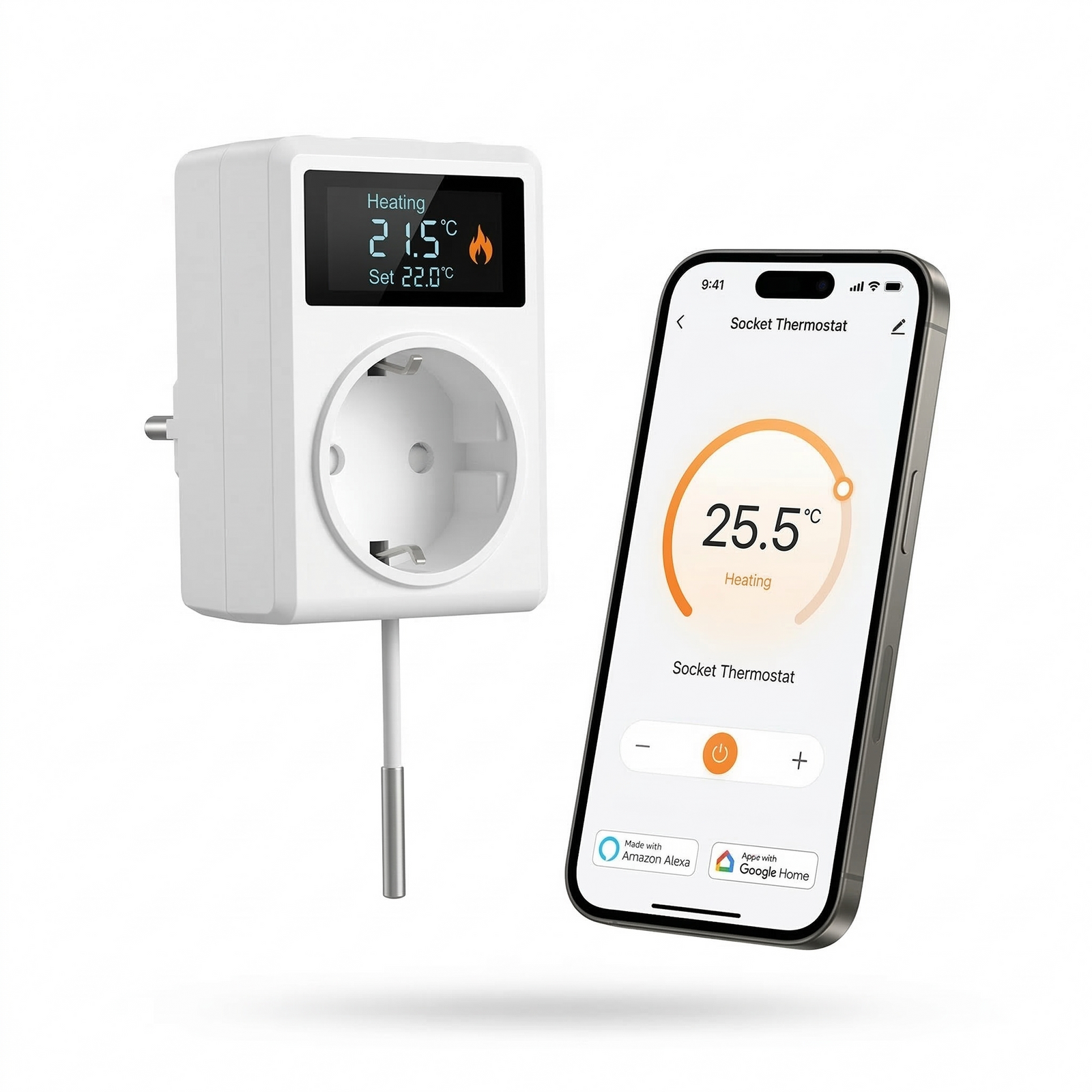 Prise thermostat connectée avec contrôle de température sur mobile.
