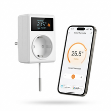 Prise thermostat connectée avec contrôle de température sur mobile.