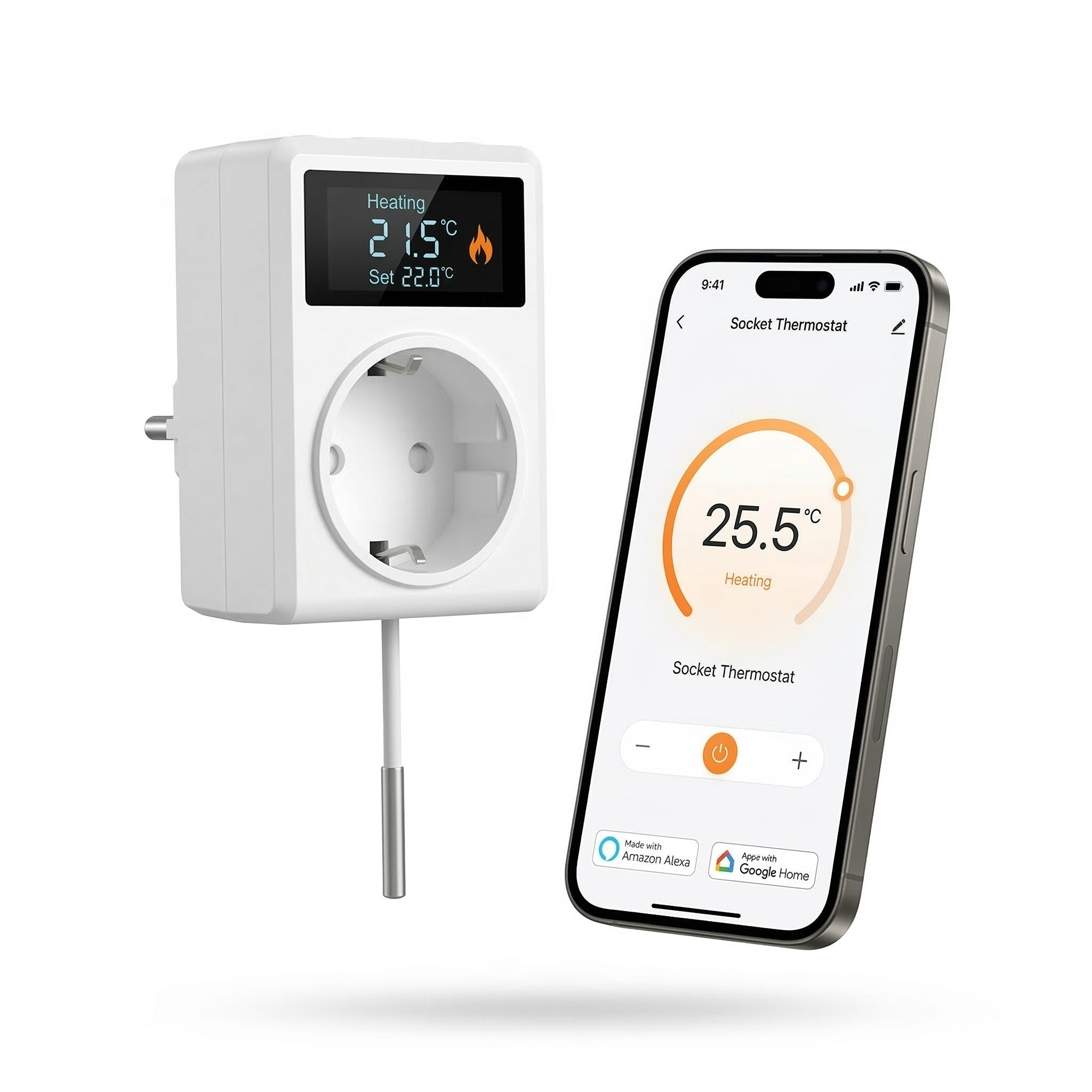 Prise thermostat connectée avec contrôle de température sur mobile.