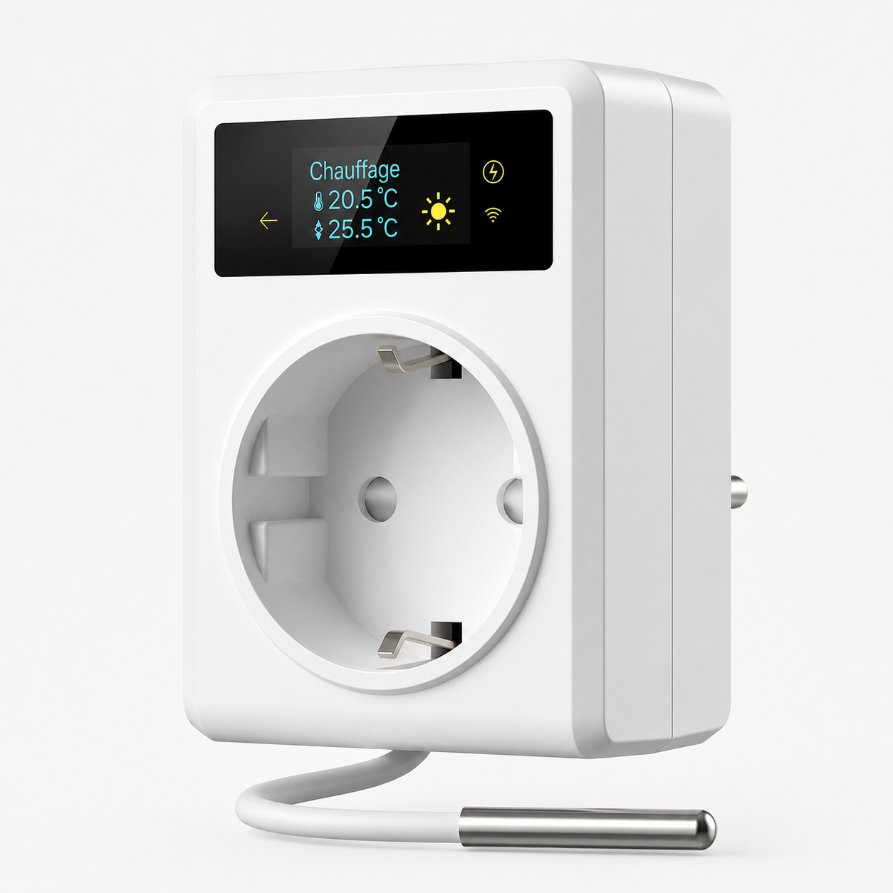 Prise thermostat blanche avec écran et sonde filaire NéoPlug.