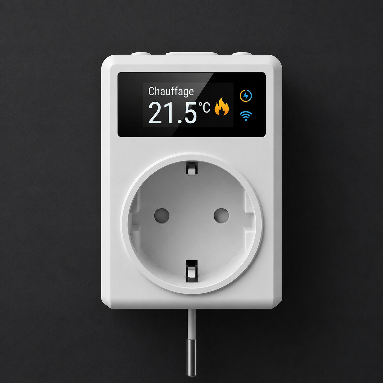 Prise thermostat avec écran chauffage à 21,5 degrés sur fond sombre.