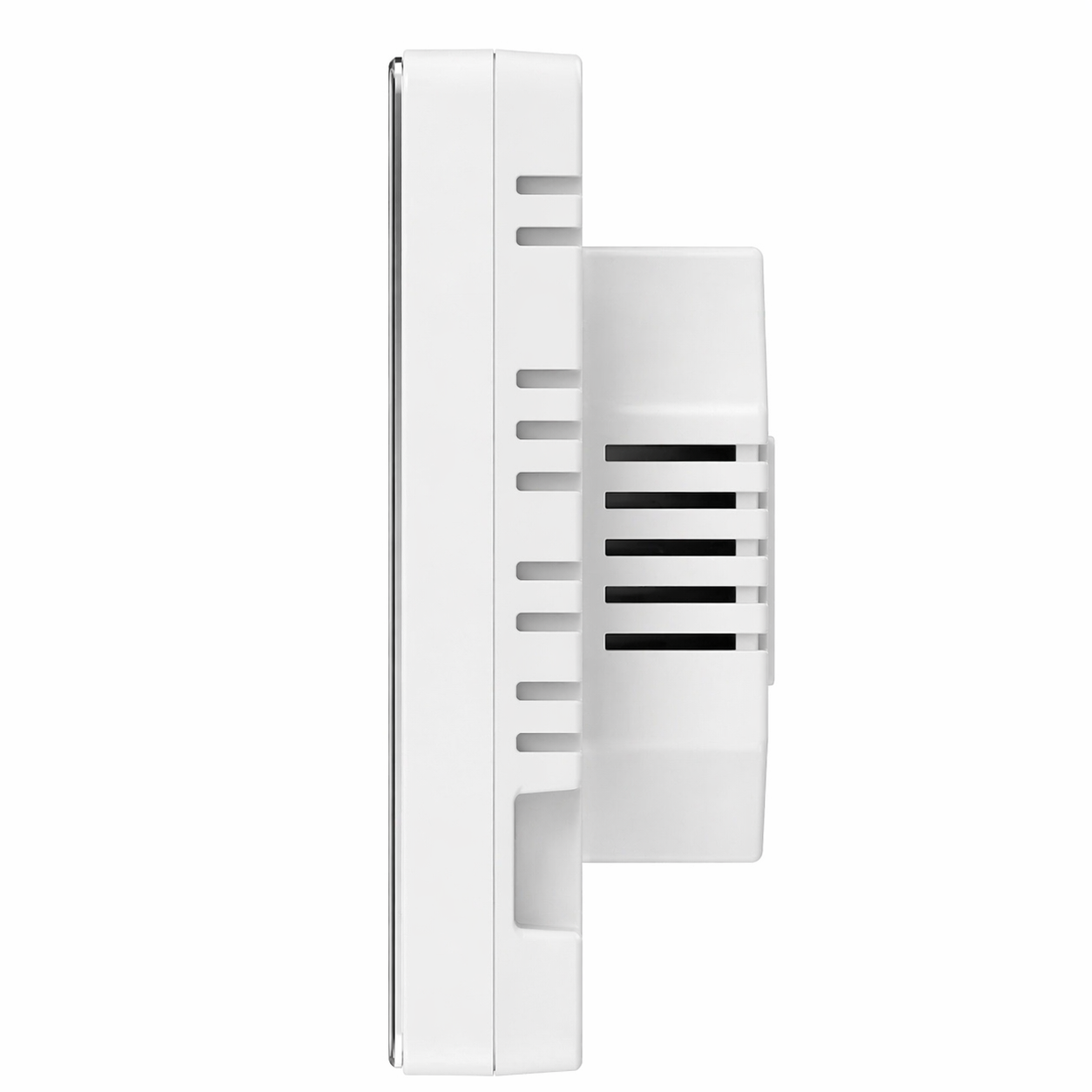 Profil lateral droit du thermostat sans fil Neodom avec boitier mural blanc et aerations visibles.