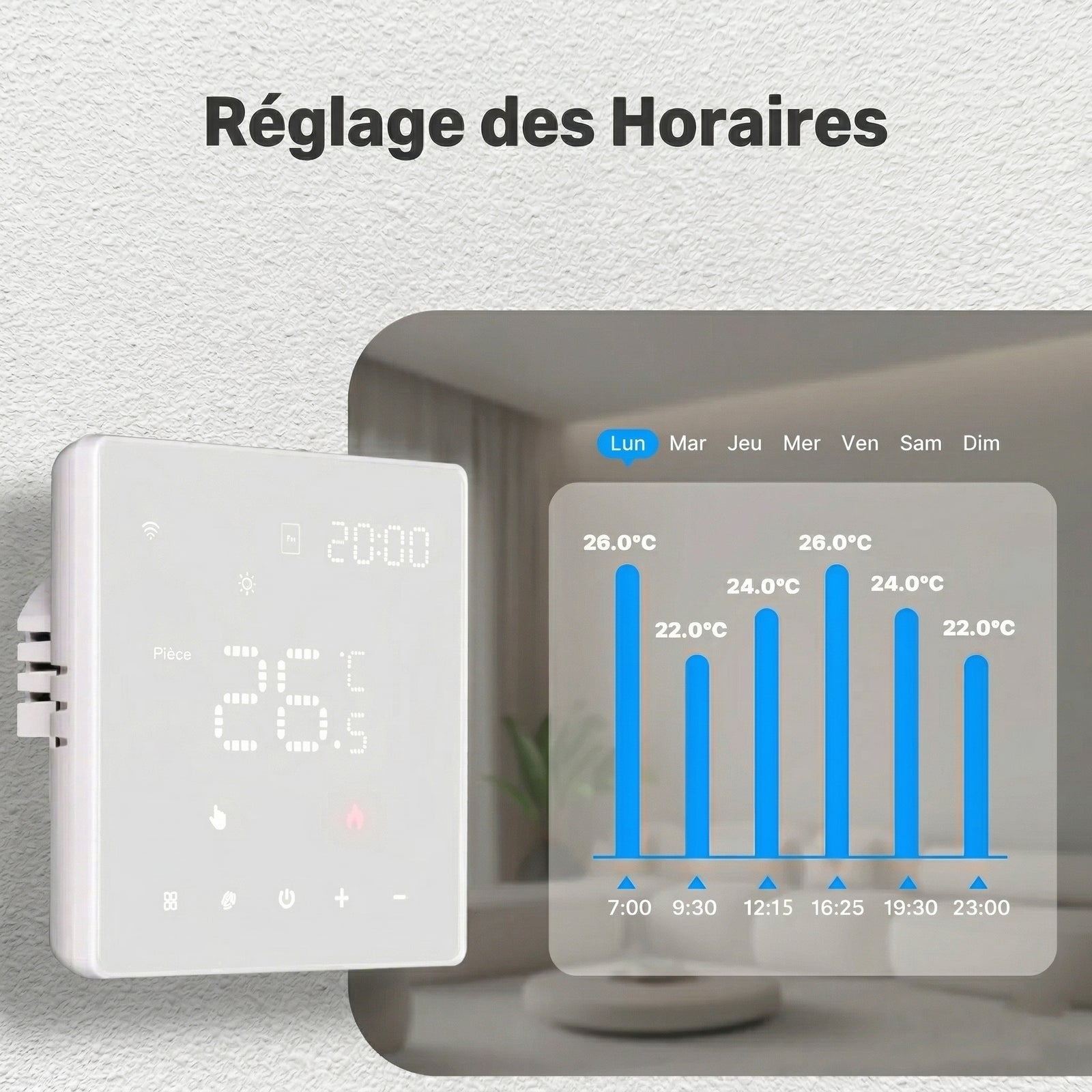 NéoPure Comfort blanc avec planning hebdomadaire affichant des températures programmées par heure.