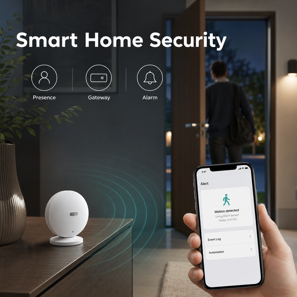Smart home security scenario with presence sensor and generic icons
