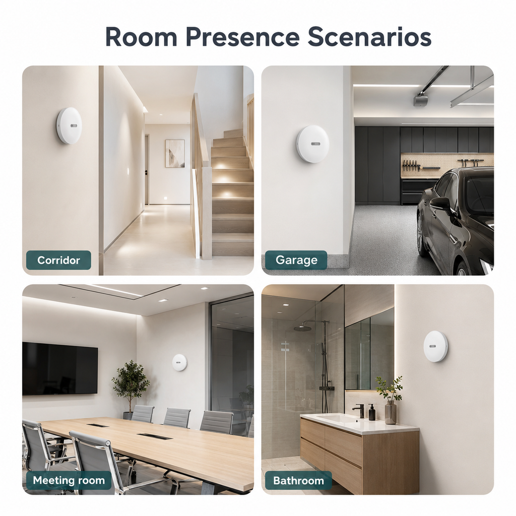 Room presence scenario grid for corridor garage meeting room and bathroom