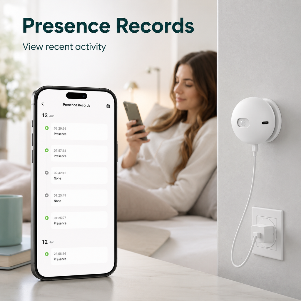 Presence records app screen for radar presence sensor
