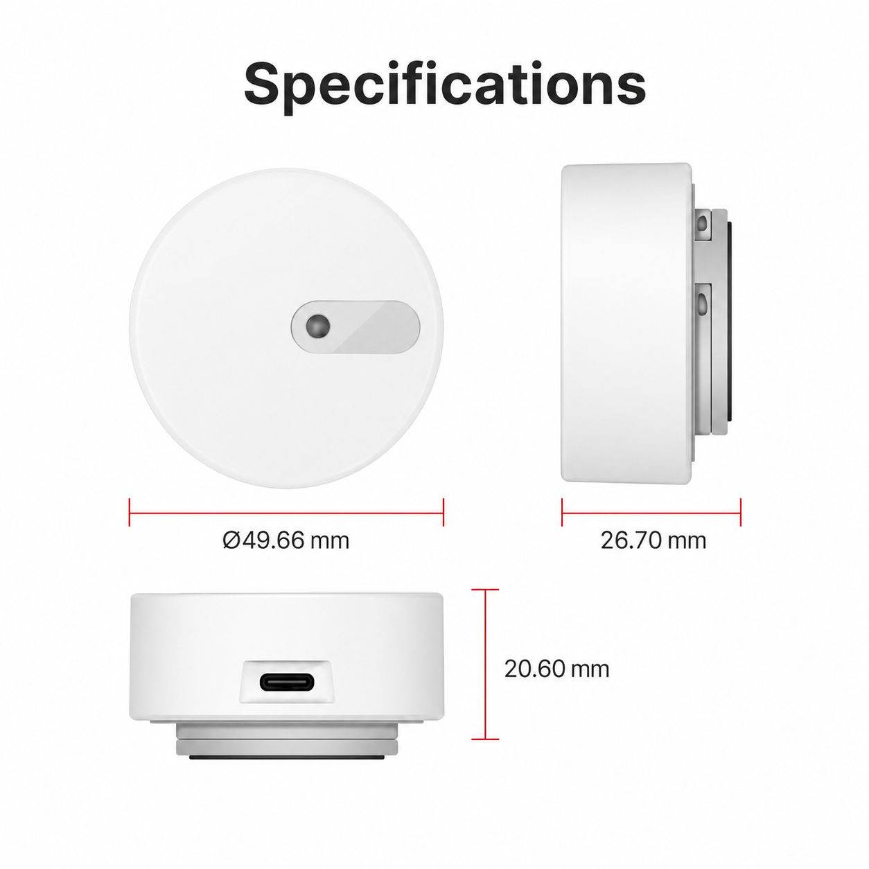 Product specifications diagram for round radar presence sensor