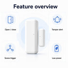 Feature overview for ZigBee door sensor with tamper alert scene trigger and low power