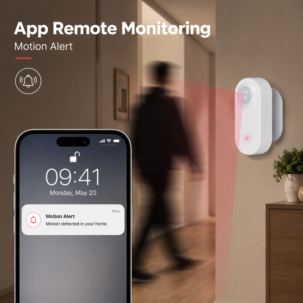 App monitoring scene showing a motion alert from a PIR sensor