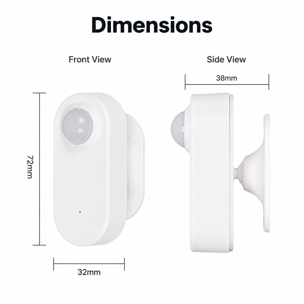 Dimension diagram for compact Zigbee PIR sensor front and side view