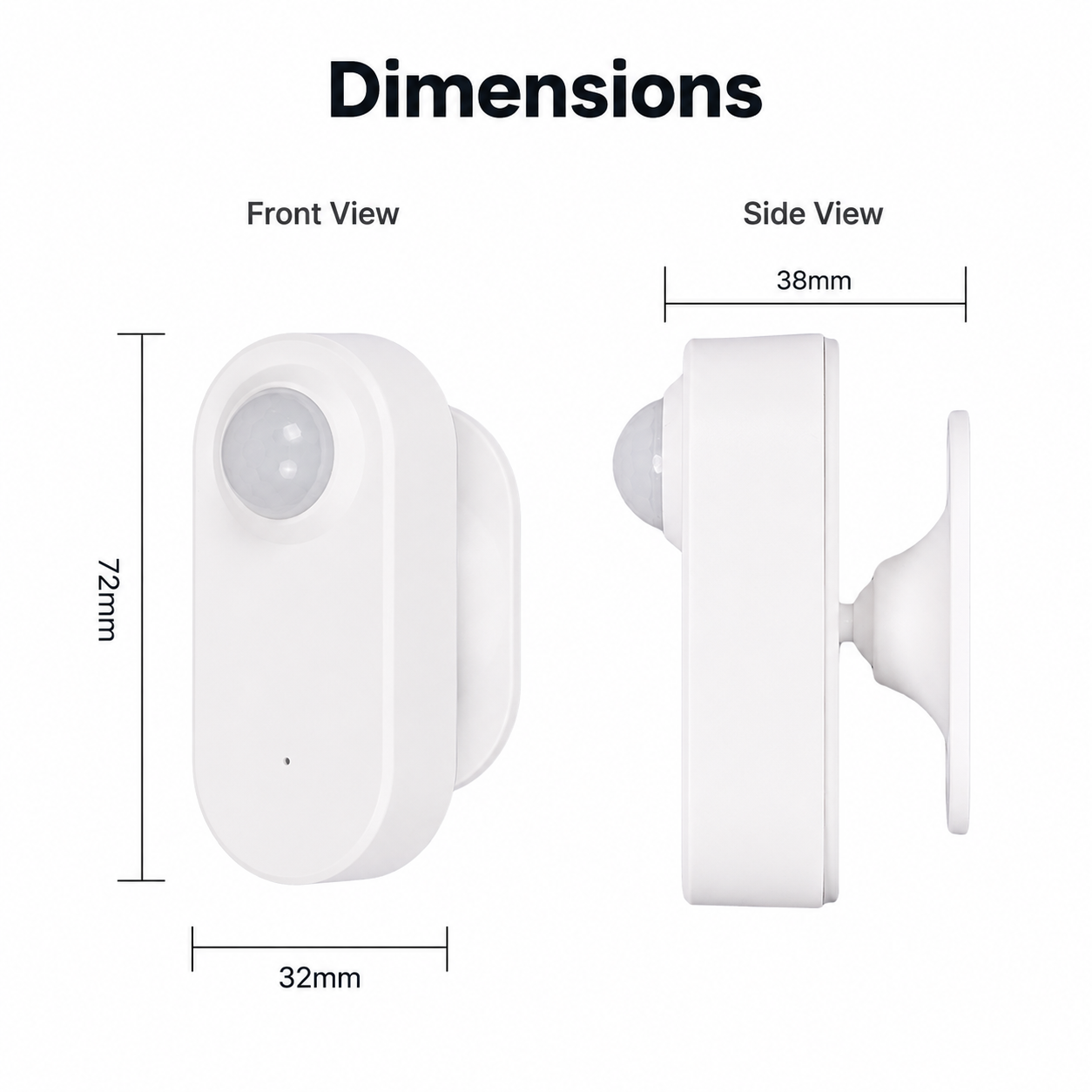 Dimension diagram for compact Zigbee PIR sensor front and side view