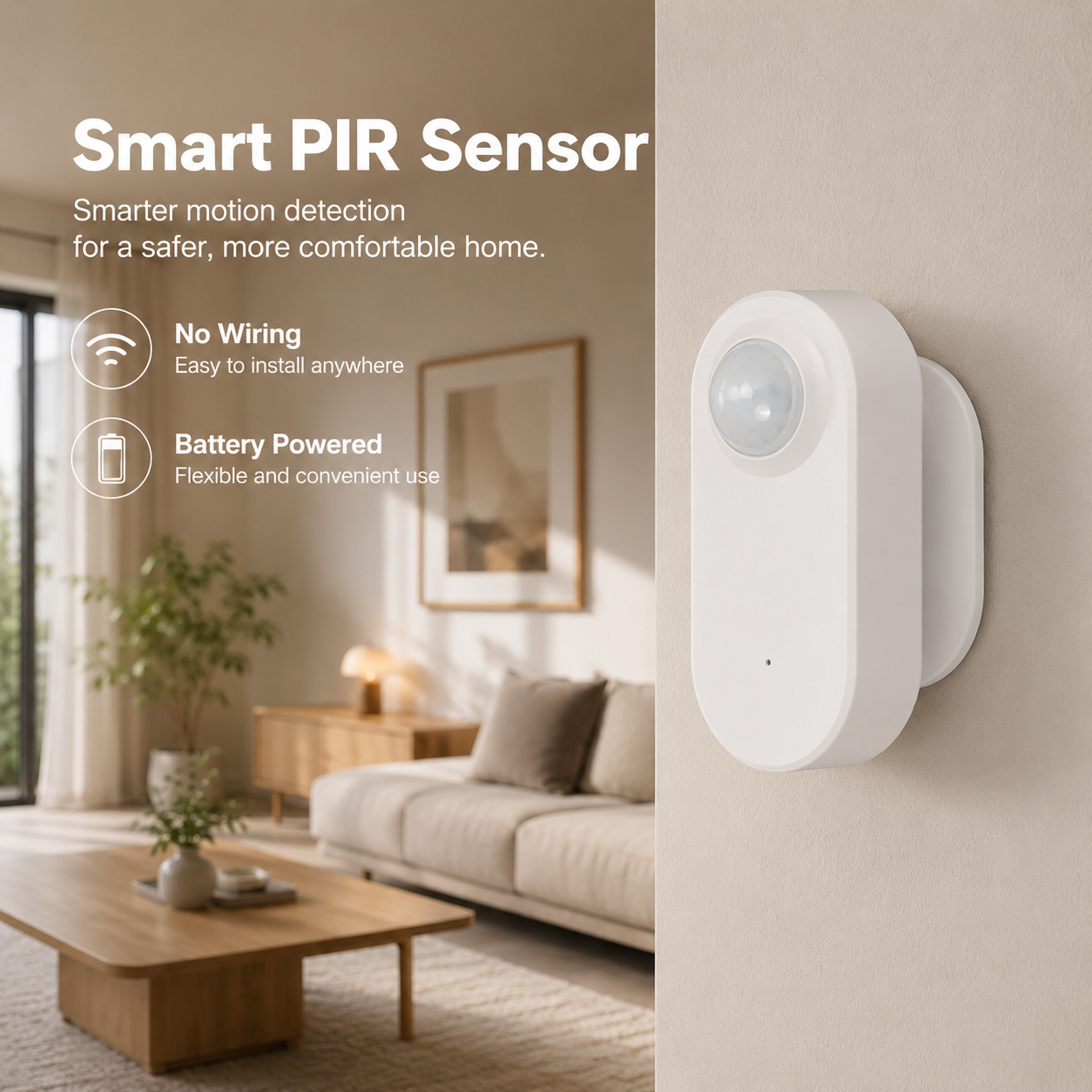 Lifestyle hero of PIR motion sensor installed in a living room