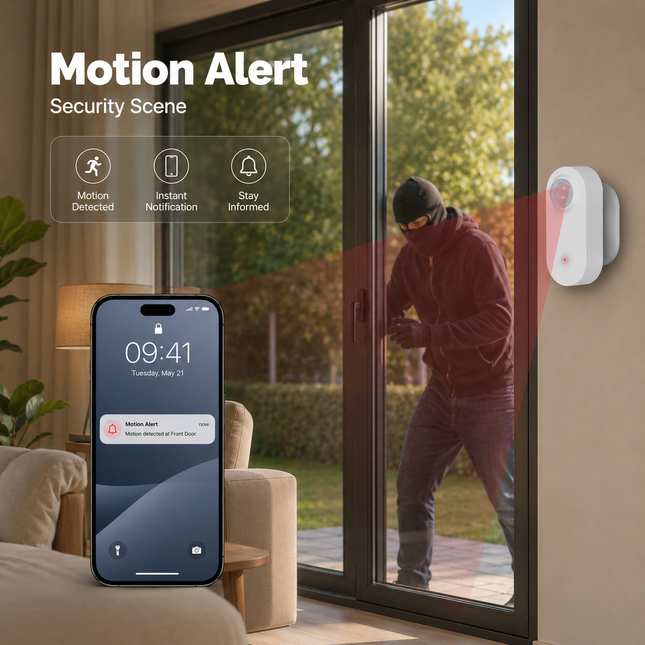 Window security alert scene with PIR motion sensor and phone notification