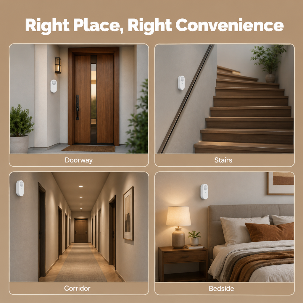 Placement scenes for PIR sensor in doorway, stairs, corridor and bedside