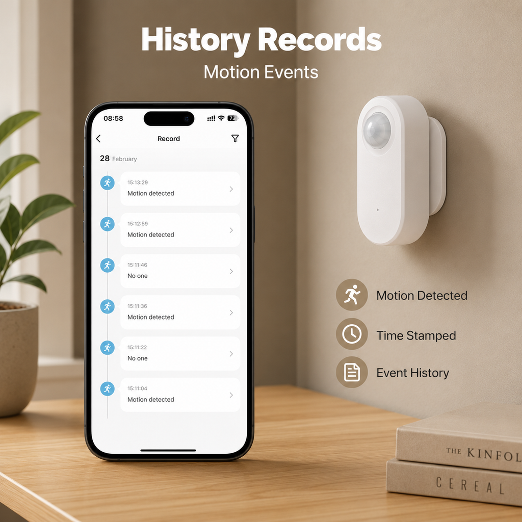 History records app screen for PIR motion events