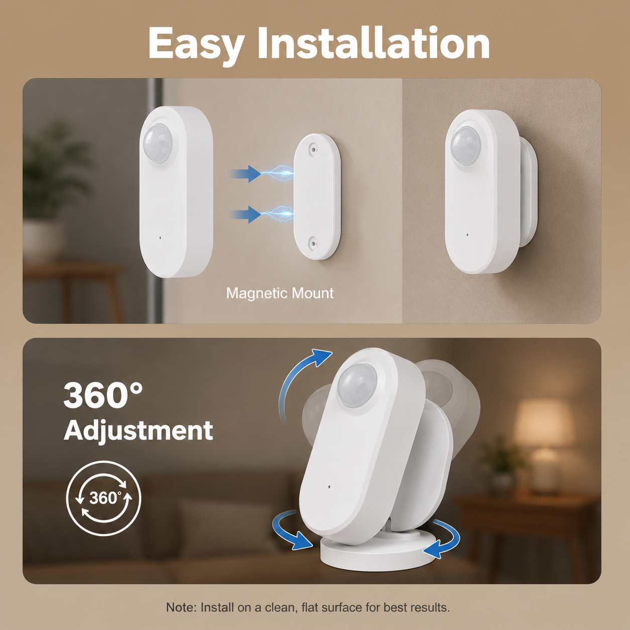 Easy magnetic installation and 360 degree adjustment for PIR sensor