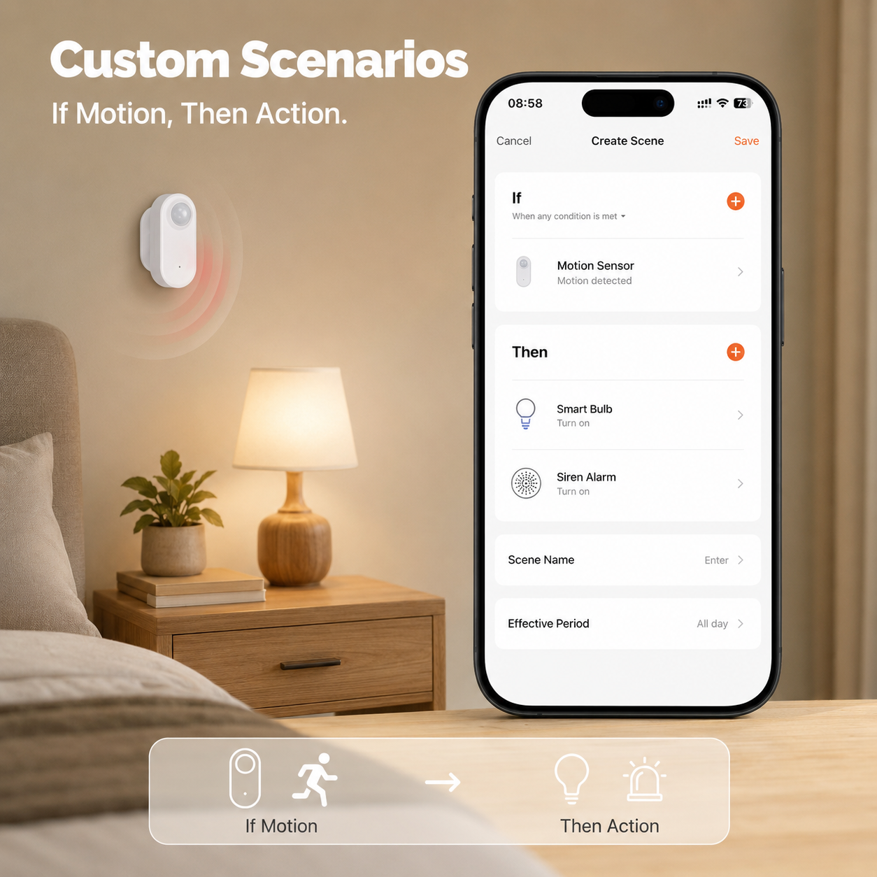 Custom scenario app screen for motion-based smart home automation