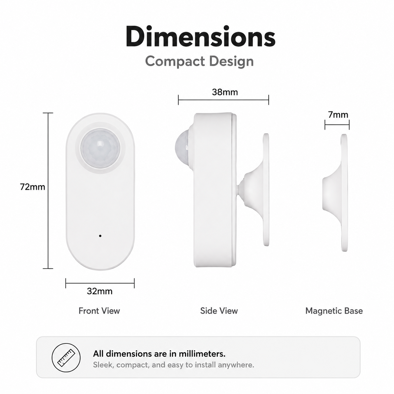 Clean dimensions diagram for compact PIR motion sensor