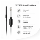 WTS01 specifications with 1.5 m cable and 50 x 6 x 6 mm probe