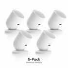 Studio packshot of five white Zigbee radar presence sensors