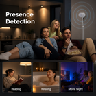 Radar presence detection sensor controlling lights in a living room