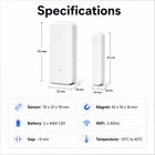 Specifications and dimensions for WiFi door window sensor