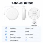 Technical details and size of compact ZigBee water leak sensor
