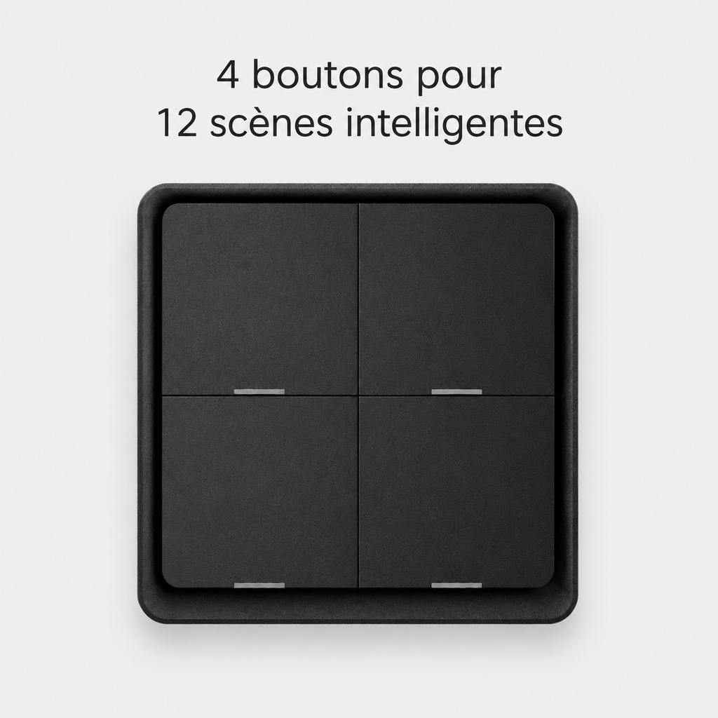 Télécommande de scènes ZigBee noire NéoScene 4 Comfort avec quatre boutons.