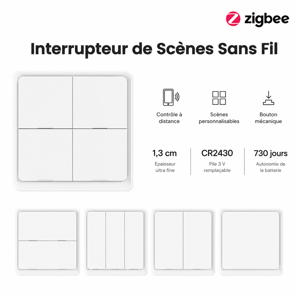 NéoScene 4 Comfort, interrupteur de scènes sans fil Zigbee 4 boutons avec pile CR2430 et autonomie 730 jours