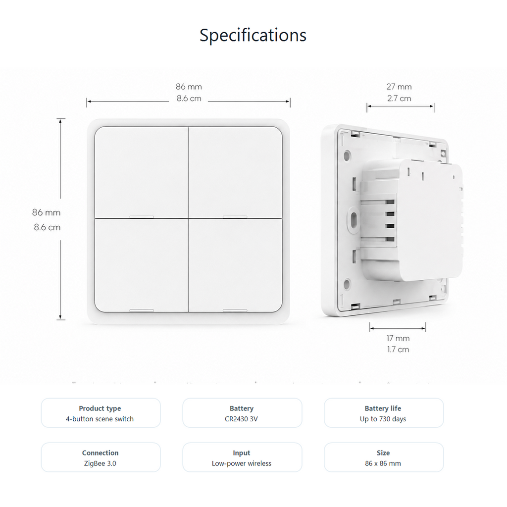 Specifications diagram for four-gang NeoScene 4 Comfort switch