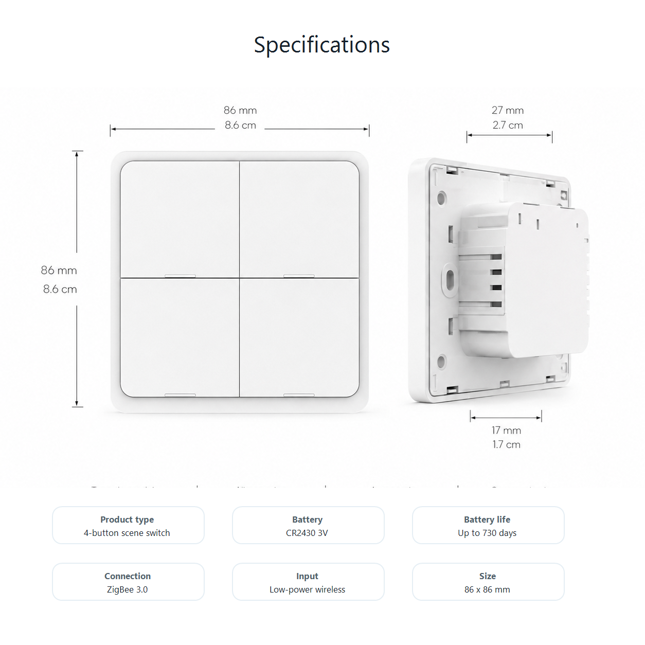 Specifications diagram for four-gang NeoScene 4 Comfort switch