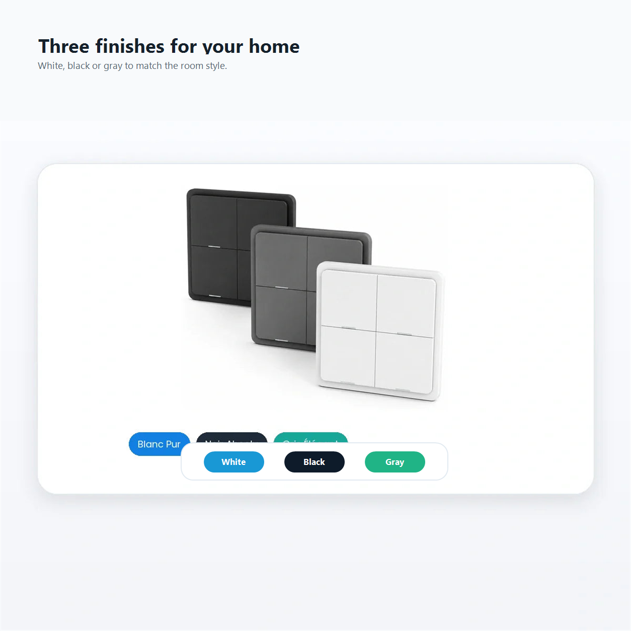 Finish options card for white black and gray scene switches