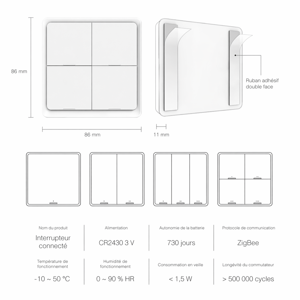 Interrupteur Zigbee dimensions et modeles