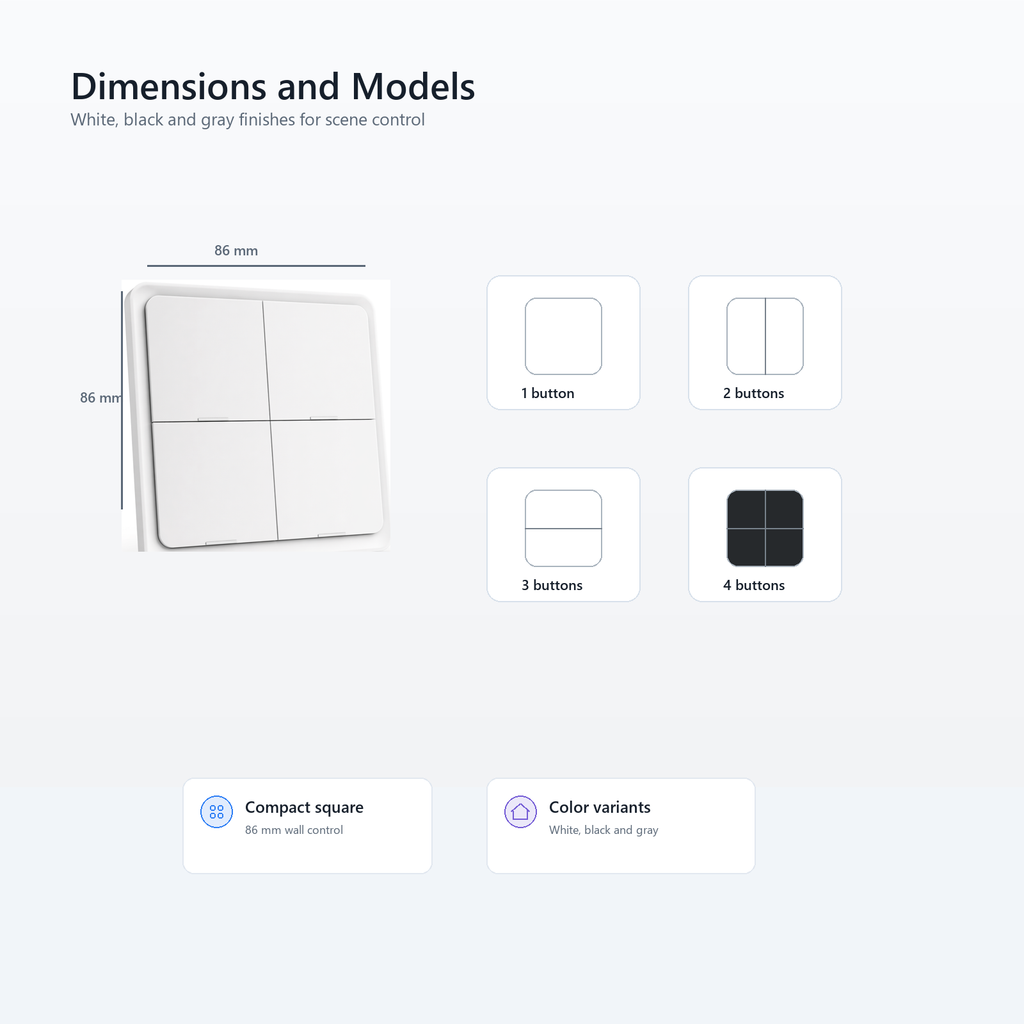 Dimensions and model variants overview for NéoScene 4 Comfort scene remote
