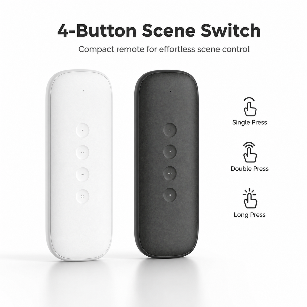 Studio packshot of white and black 4-button ZigBee scene remote
