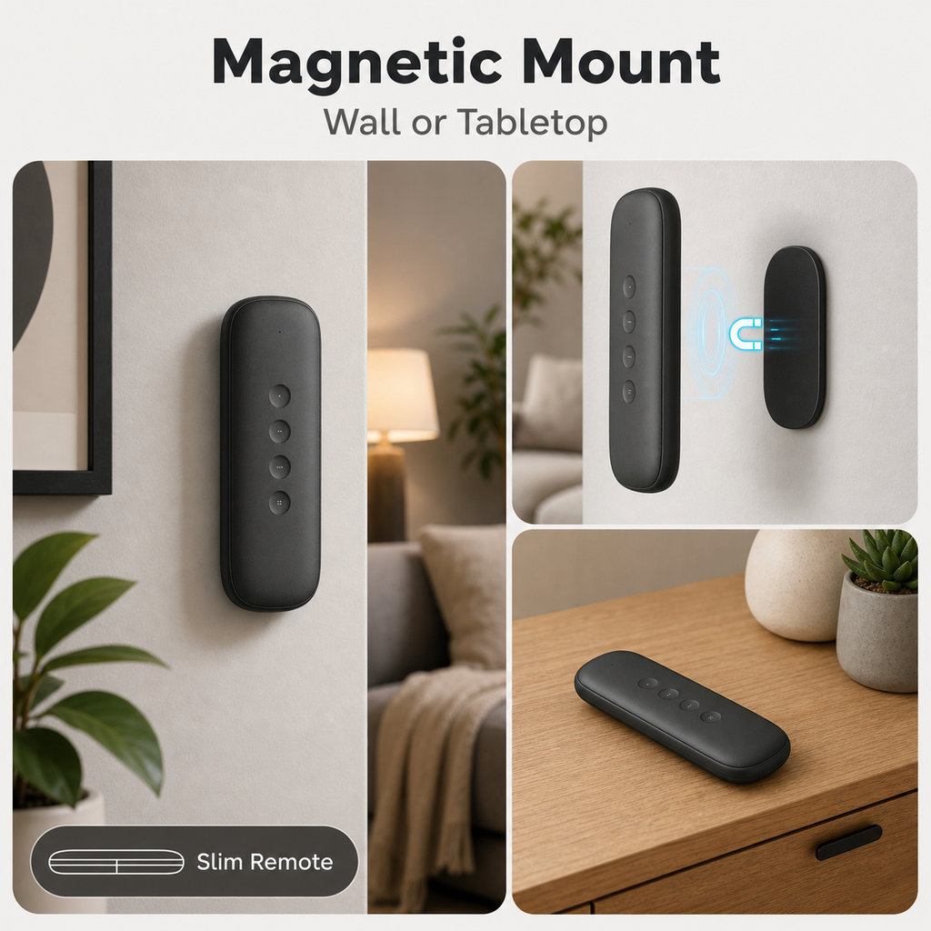 Magnetic wall mount and tabletop placement for black 4-button scene remote