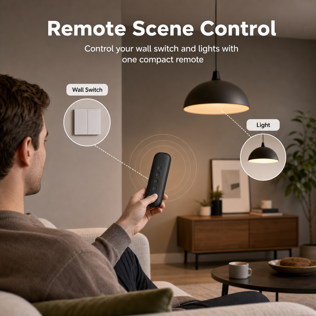Lifestyle scene showing 4-button remote controlling a wall switch and light