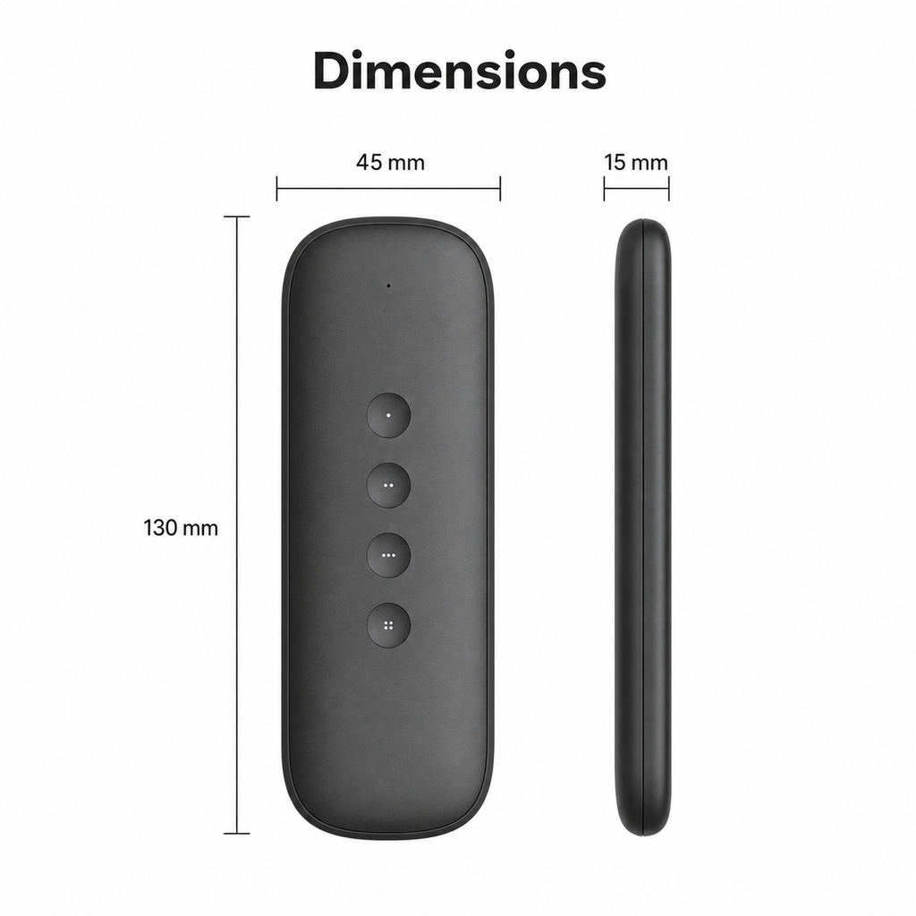 Dimensions diagram of 4-button scene remote measuring 130 mm by 45 mm by 15 mm