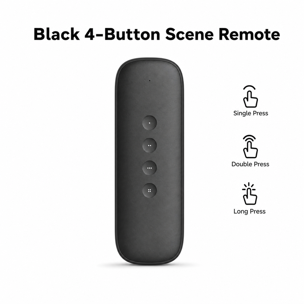 Black 4-button ZigBee scene remote on a white studio background